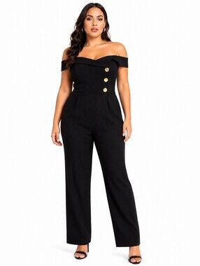 City Chic Black Off-Shoulder Jumpsuit with Gold Button Detail Lg/20